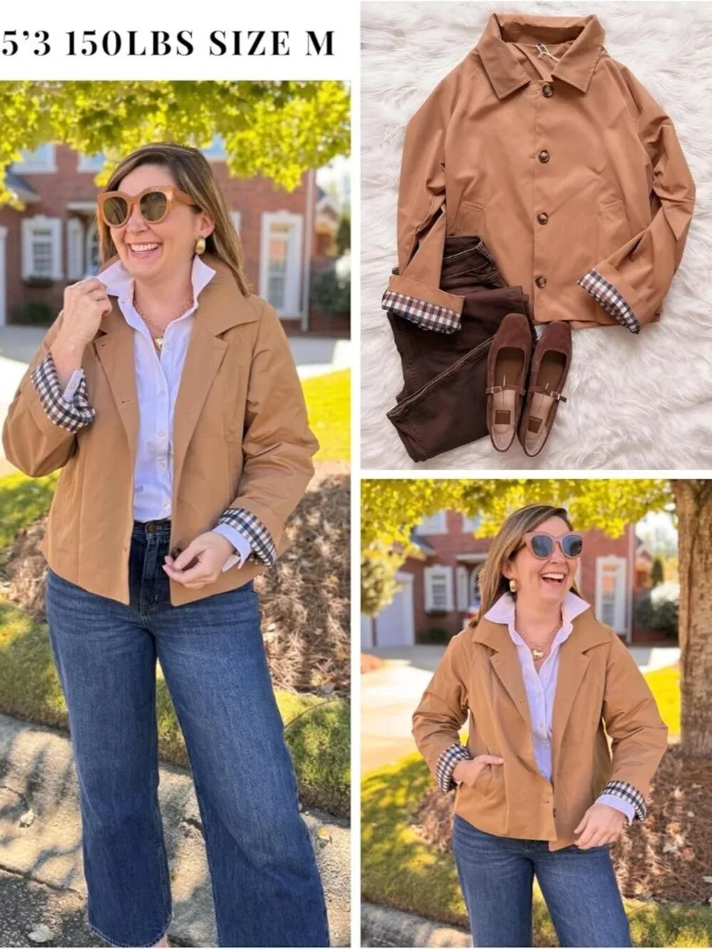 Women's Short Trench Jacket Plaid Lining Button Front with Pockets Camel
